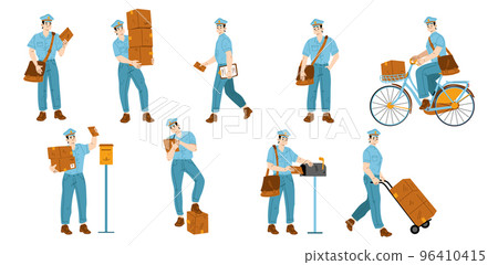 Set of postman characters delivering mail Set of postman characters delivering mail 96410415