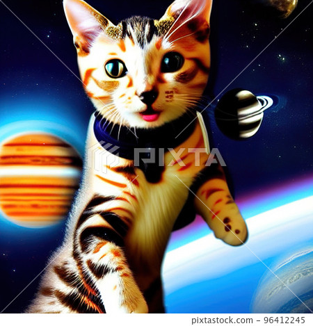 A cat in a spacesuit in open space against the background of stars and planets. 96412245
