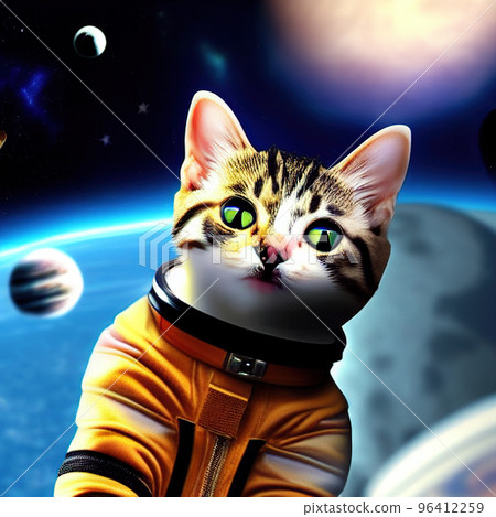 A cat in a spacesuit in open space against the background of stars and planets. 96412259