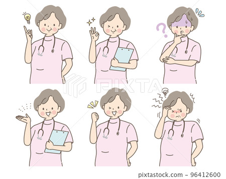 Plump female nurse facial expression illustration set Plump female nurse facial expression illustration set 96412600