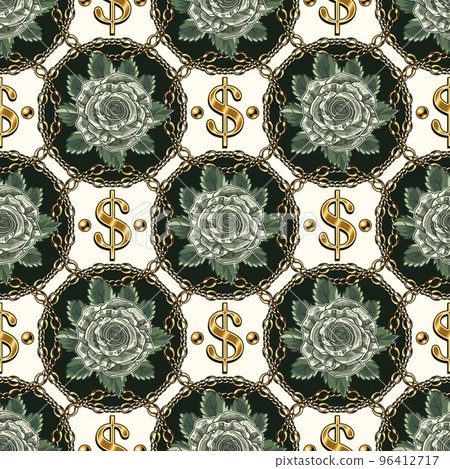 Seamless geometric pattern with green roses made of 100 US dollar bills, golden dollar sign, gold chains, beads. Elements arranged in staggered manner. Creative money background. Seamless geometric pattern with green roses made of 100 US dollar bills, golden dollar sign, gold chains, beads. Elements arranged in staggered manner. Creative money background. 96412717