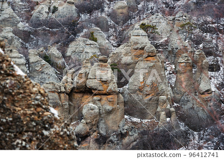 Bizarre rocks of Valley of ghosts on Mount Demerdzhi in spring. Crimea 96412741