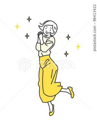 Illustration of a woman with a simple touch who is happy to jump while flying glitter 96413422