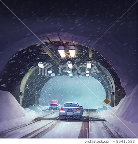 The entrance to the car tunnel, everything is covered in snow, it's snowing, cars are driving with their headlights The entrance to the car tunnel, everything is covered in snow, it's snowing, cars are driving with their headlights 96413588