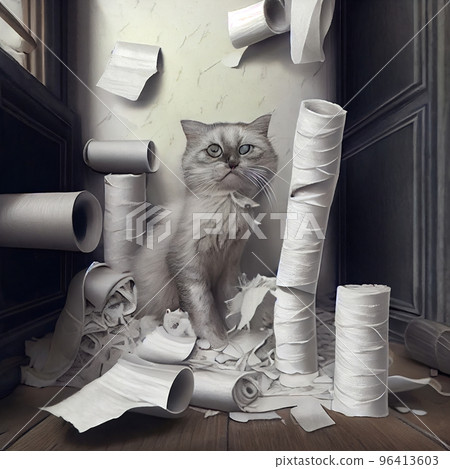 Cat playing with toilet paper in bathroom, tore up all rolls of toilet paper Cat playing with toilet paper in bathroom, tore up all rolls of toilet paper 96413603