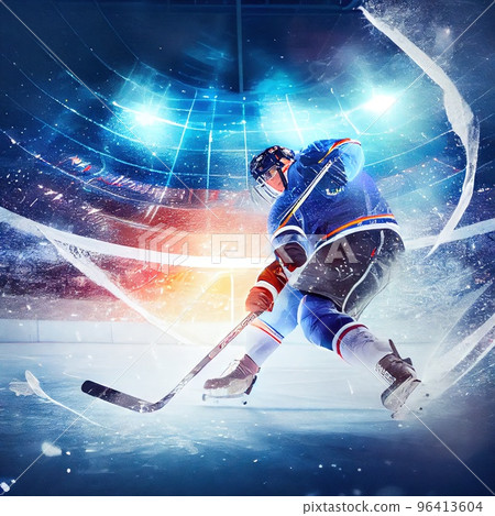 The arena of a hockey rink, a hockey player hits a hockey stick with a swing on the puck The arena of a hockey rink, a hockey player hits a hockey stick with a swing on the puck 96413604