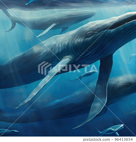 Huge blue whales swim in the sea 96413654