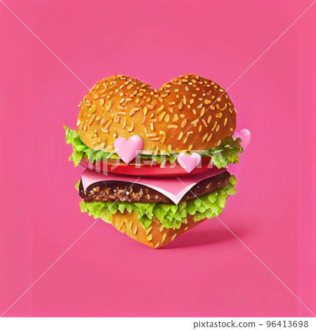 Heart-shaped burger on pink background 96413698