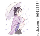 A woman crouching with an umbrella with raindrops 96413834