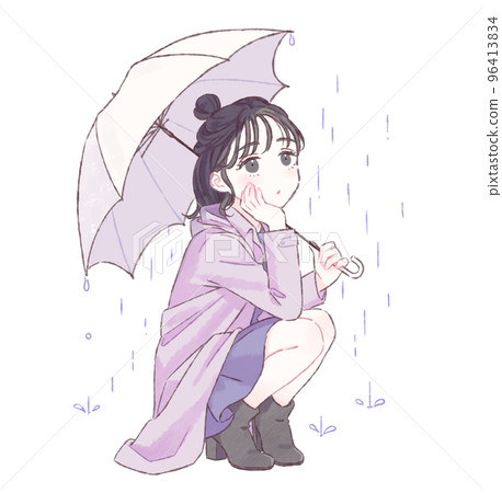 A woman crouching with an umbrella with raindrops 96413834