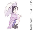 A woman crouching with an umbrella, no raindrops 96413835