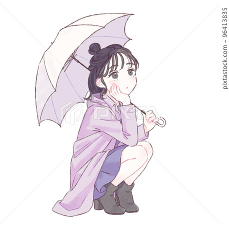 A woman crouching with an umbrella, no raindrops 96413835
