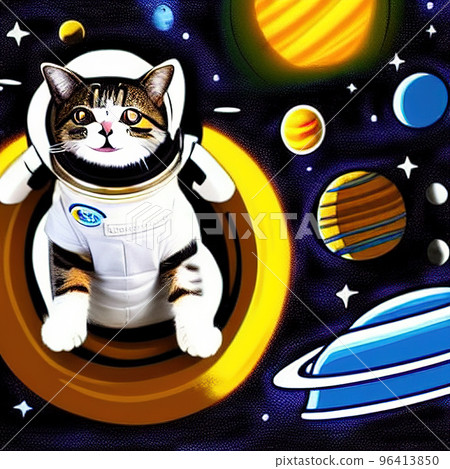 A cat in a spacesuit in open space against the background of stars and planets. 96413850
