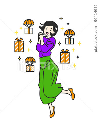 Illustration of a simple touch of a woman who is happy to get a present and jump 96414653