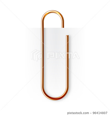 Realistic copper paperclip attached to paper isolated on white background. Shiny metal paper clip, page holder, binder. Workplace office supplies. Vector illustration 96414807