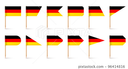 Realistic various German toothpick flags. Souvenir from Germany. Wooden toothpicks with paper flag. Location mark, map pointer. Blank mockup for advertising and promotions. Vector illustration 96414816