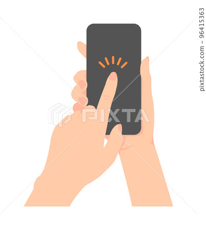 Illustration of a hand holding a smartphone (vertical) (screen tap) / Design space inside the smartphone screen 96415363