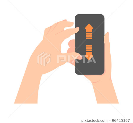 Illustration of a hand holding a smartphone (vertical) (pinch out) / Design space inside the smartphone screen Illustration of a hand holding a smartphone (vertical) (pinch out) / Design space inside the smartphone screen 96415367