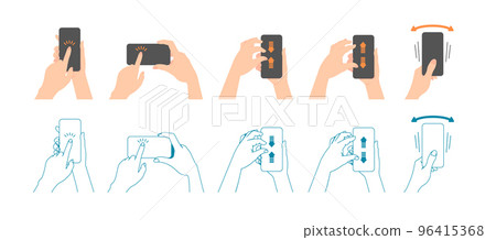 Hand holding a smartphone and actions (tap, pinch, shake) vector illustration set Hand holding a smartphone and actions (tap, pinch, shake) vector illustration set 96415368