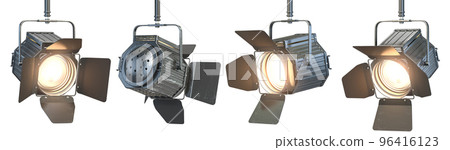 Set of illuminated spotlights isolated on white, lighting stage equipment. 96416123
