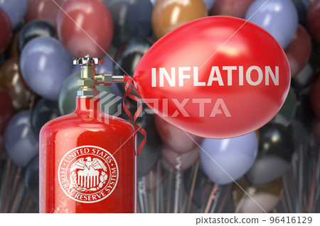Fed and inflation. Tank with symbol of Federal Reserve system inflates of ballon of global economy. 96416129