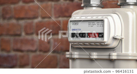 Natural gas meter on brick wall. Natural gas meter on brick wall. 96416131