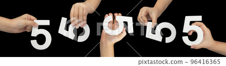 Number five in hand isolated on black background. Number five in the hand of a child holding on a black background. Large set of hands with numbers to insert into a project or design. Number five in hand isolated on black background. Number five in the hand of a child holding on a black background. Large set of hands with numbers to insert into a project or design. 96416365