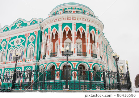 Sevastyanov House also House of Trade Unions in Yekaterinburg in Russia in winter season. Its a palace built in the first quarter of XIX century on the banks of the city pond, formed by a dam on the Sevastyanov House also House of Trade Unions in Yekaterinburg in Russia in winter season. Its a palace built in the first quarter of XIX century on the banks of the city pond, formed by a dam on the 96416596