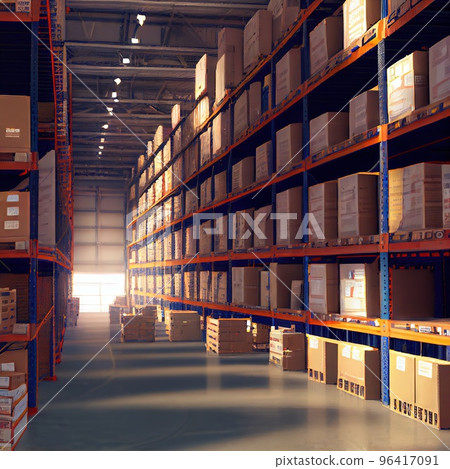 Huge shelves of a logistics company filled with boxes 96417091