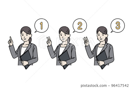 A woman in a suit expressing numbers with her fingers finger letters hand sign gesture A woman in a suit expressing numbers with her fingers finger letters hand sign gesture 96417542