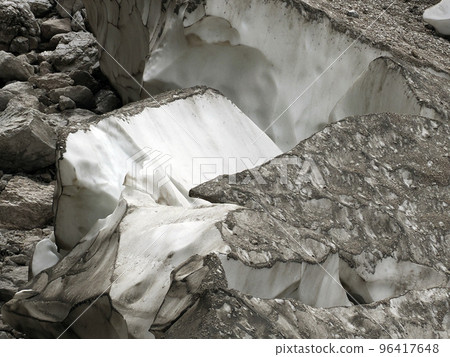 The view of workers cover Marmolada glacier during summer time preventing ice melting, Trentino-Alto Adige, Italy. 96417648