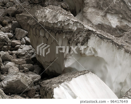 The view of workers cover Marmolada glacier during summer time preventing ice melting, Trentino-Alto Adige, Italy. 96417649