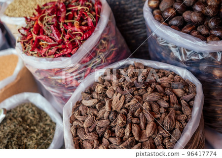 counter with Chinese and Indian spices on the market counter with Chinese and Indian spices on the market 96417774