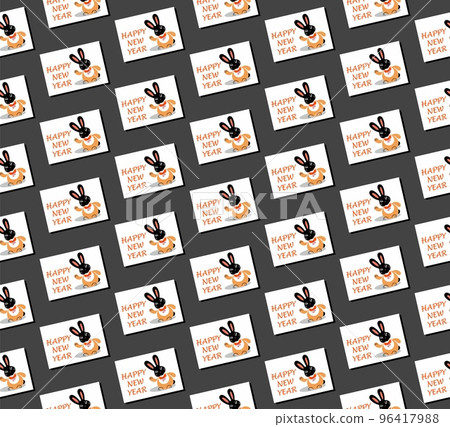 Happy New Year wrapping paper semaless vector pattern with black rabbits on postcards with greetings Happy New Year wrapping paper semaless vector pattern with black rabbits on postcards with greetings 96417988