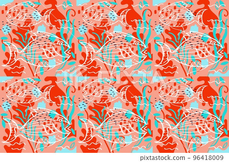 sea flora and fauna, seamless vector composition with fish, worm coral shades sea flora and fauna, seamless vector composition with fish, worm coral shades 96418009