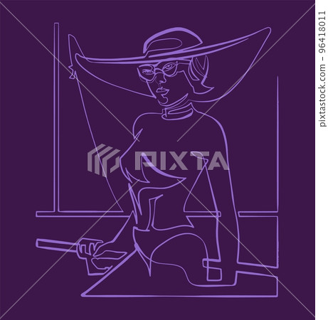 Girl in a hat in a swimsuit, vector drawing in a continuous line Girl in a hat in a swimsuit, vector drawing in a continuous line 96418011