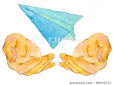 Watercolor-style enveloping hand and paper airplane 96419112