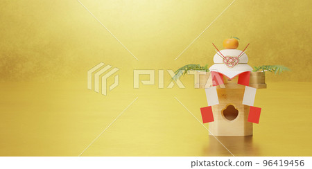 Kagami-mochi 放在金色背景上 / 新年背景圖像,新年賀卡,帶複製空間的新年 Kagami-mochi 放在金色背景上 / 新年背景圖像,新年賀卡,帶複製空間的新年 96419456