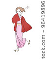 A woman wearing a yukata and happily skipping 96419896