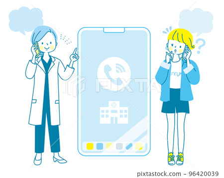 A young woman who consults by phone on a smartphone and a doctor who responds to a consultation 96420039