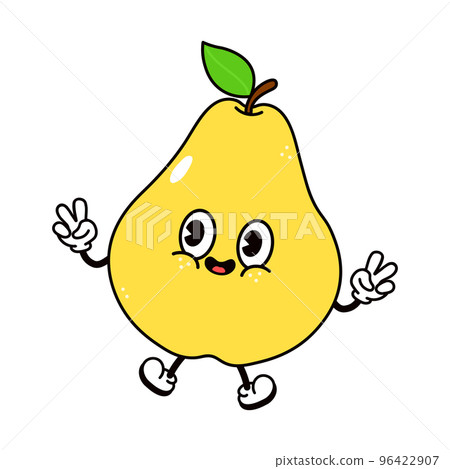 Cute funny pear jumping character. Vector hand drawn traditional cartoon vintage, retro, kawaii character illustration icon. Isolated on white background. Pear character concept 96422907