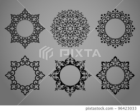 Set of decorative frames Elegant vector element for design in Eastern style, place for text. Floral black and gray borders. Lace illustration for invitations and greeting cards Set of decorative frames Elegant vector element for design in Eastern style, place for text. Floral black and gray borders. Lace illustration for invitations and greeting cards 96423033