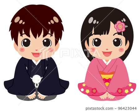 穿著外罩褲裙的男孩和穿著和服的女孩可愛地迎接新年 穿著外罩褲裙的男孩和穿著和服的女孩可愛地迎接新年 96423044