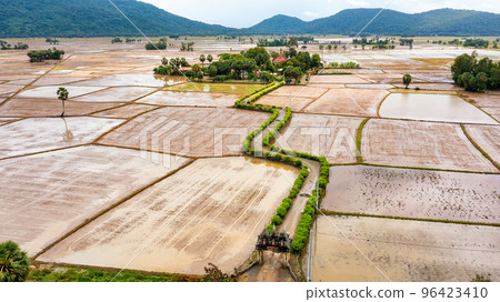 Khmer pagoda between rice fields in An Giang, Vietnam 96423410