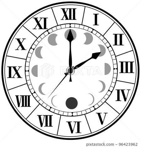 Retro, antique, ornate design wall clock with Roman numerals, moon phases motif Retro, antique, ornate design wall clock with Roman numerals, moon phases motif 96423962