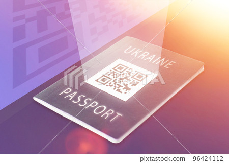 QR on cover of Ukraine passport. Introduction of electronic passports in country. Barcode on documents. Reading passport QR code. QR on cover of Ukraine passport. Introduction of electronic passports in country. Barcode on documents. Reading passport QR code. 96424112