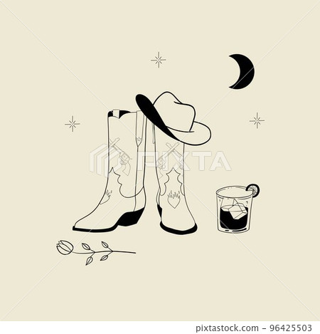 Wild west elements collection with cowboy boots, hat, whisky, rose, moon and stars. Traditional western cowboy boots. Hand drawn line vector illustration Wild west elements collection with cowboy boots, hat, whisky, rose, moon and stars. Traditional western cowboy boots. Hand drawn line vector illustration 96425503