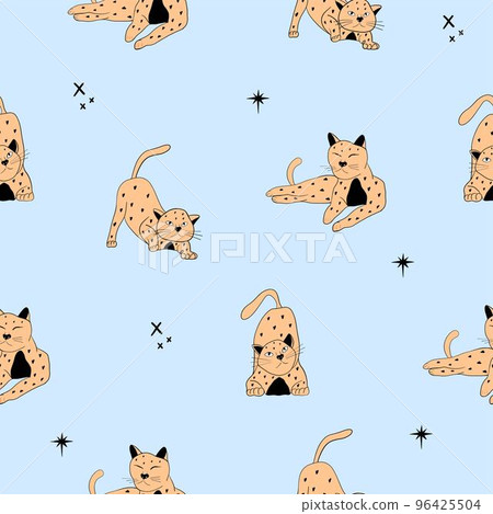 Seamless pattern with cats in different pose. Creative childish texture. Colorful kittens texture for fabric design, packaging, banner, print. Hand drawn vector illustration 96425504