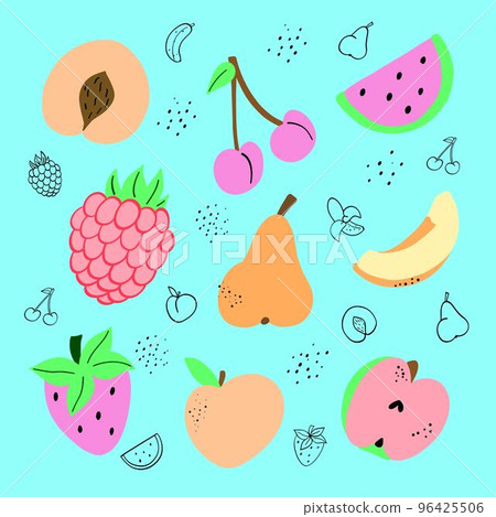Set of different fruits and berries. Apple, peach, pear, watermelon, raspberry, cherry, strawberry. Tropical fruit and graphic design elements. Flat vector illustration isolated on blue background Set of different fruits and berries. Apple, peach, pear, watermelon, raspberry, cherry, strawberry. Tropical fruit and graphic design elements. Flat vector illustration isolated on blue background 96425506