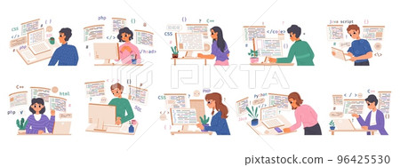 Young programmers study and work. Happy woman programmer, professional computer coding geek. Software developer, snugly vector female character working with data 96425530